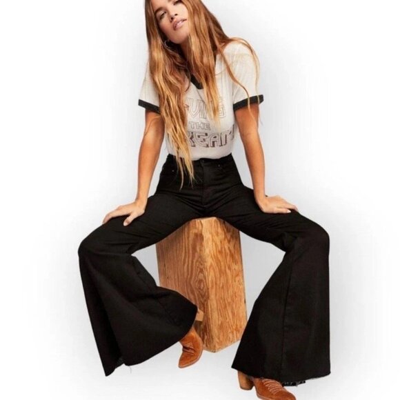 Free People CRVY Super High-Rise Lace-Up Flare Jeans Black Women’s Size 35 - Picture 2 of 12